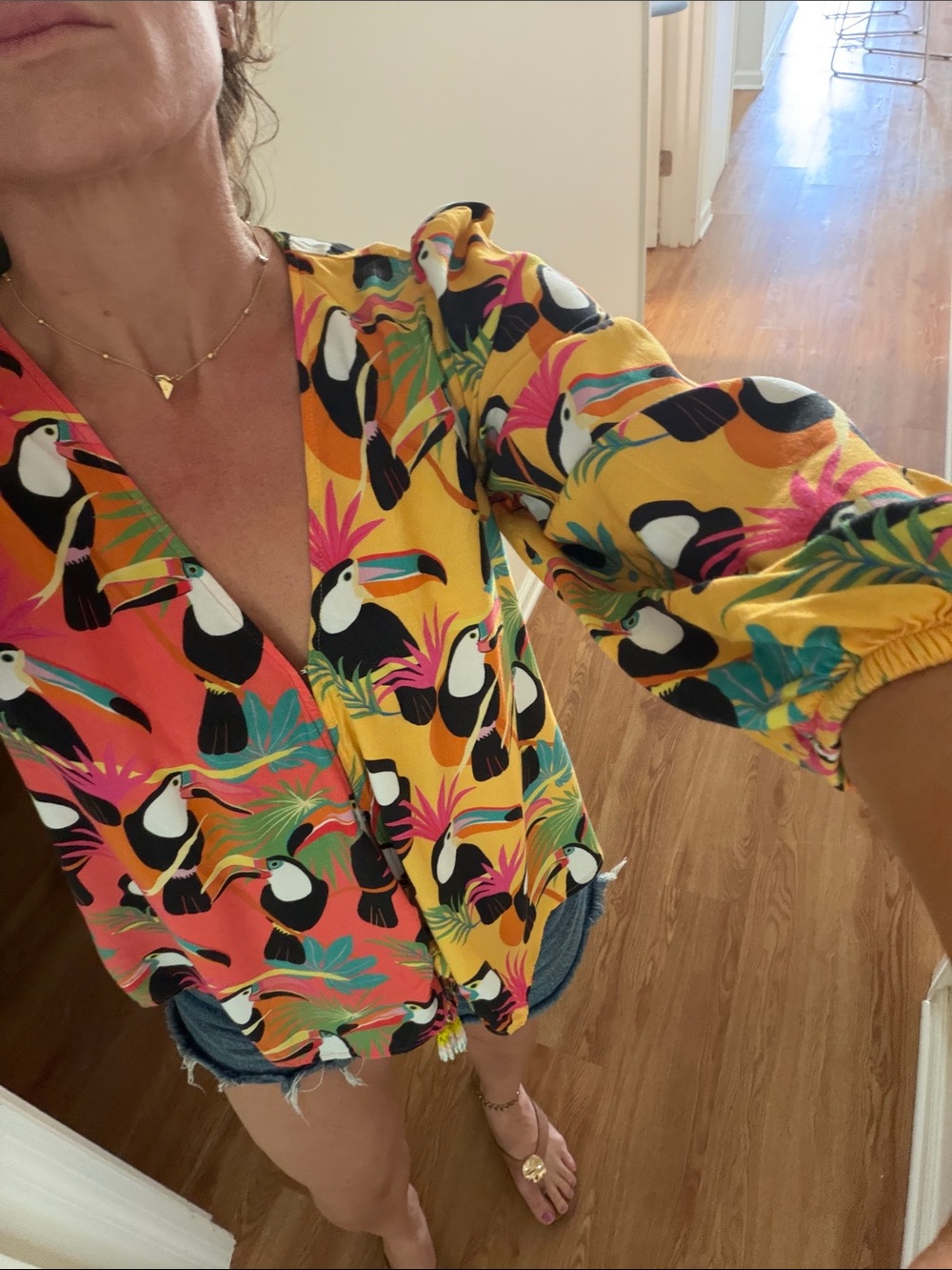 FARM Rio Toucan Print Split-Panel Blouse - Yellow & Coral